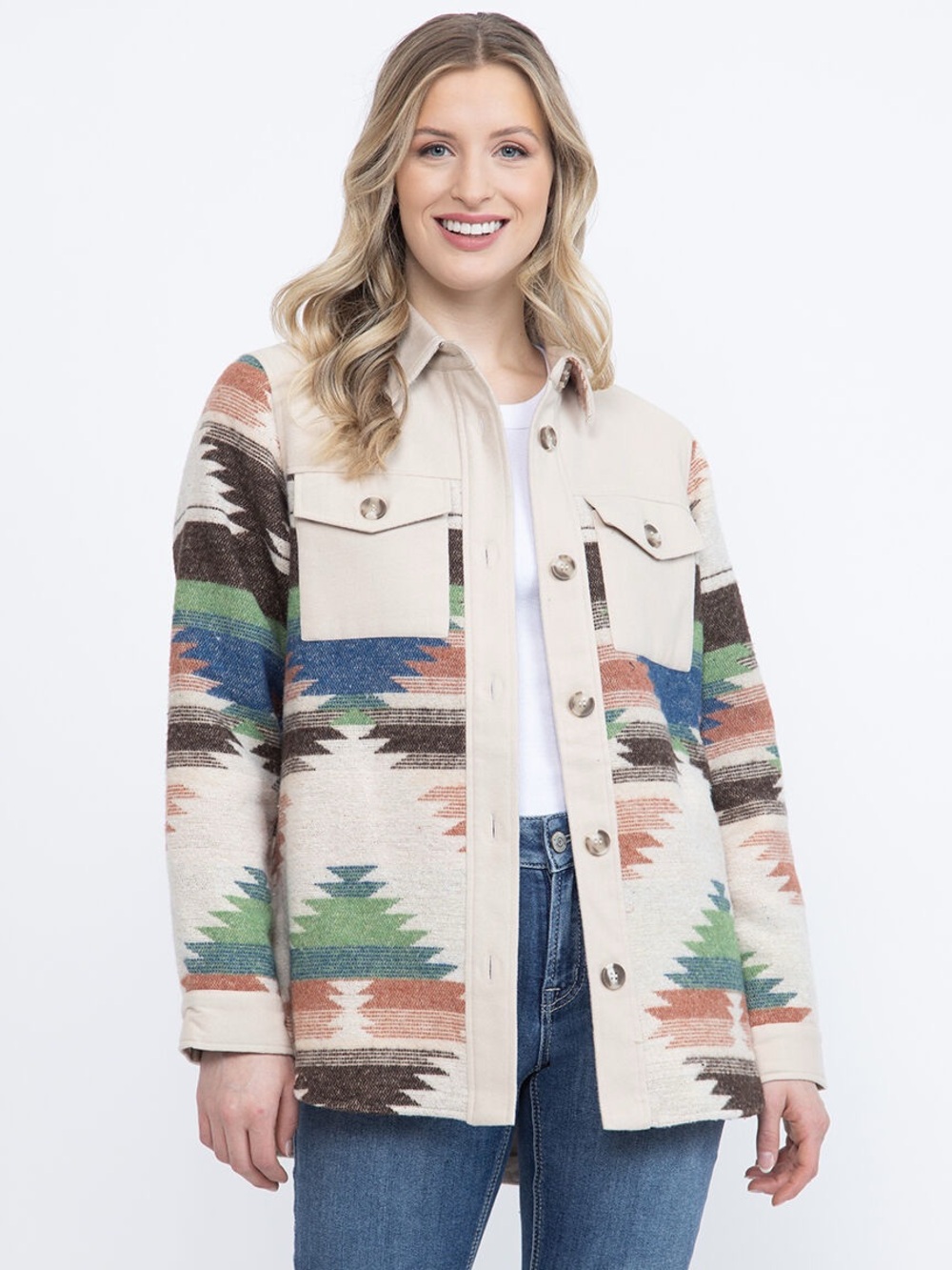 Aztec Print Beige Shacket Jacket - Women
